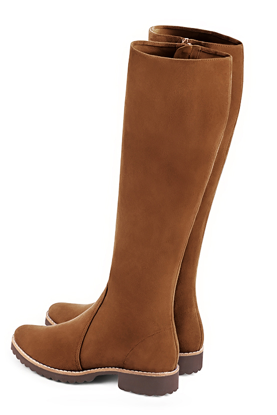 Caramel brown women's riding knee-high boots. Round toe. Flat rubber soles. Made to measure. Top view - Florence KOOIJMAN